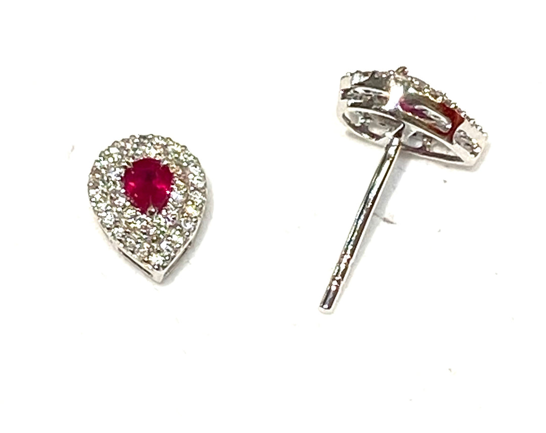 PEAR SHAPE 14K GOLD RED RUBY DIAMOND STUD EARRINGS
