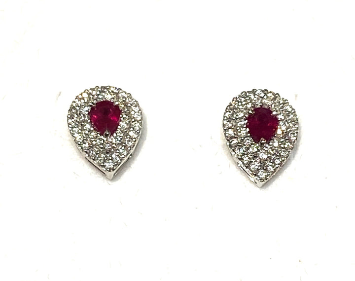 PEAR SHAPE 14K GOLD RED RUBY DIAMOND STUD EARRINGS