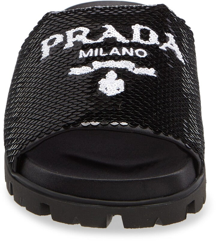PRADA LOGO SEQUIN SLIDE SANDALS