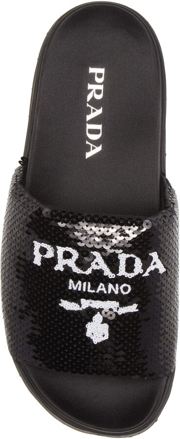 PRADA LOGO SEQUIN SLIDE SANDALS