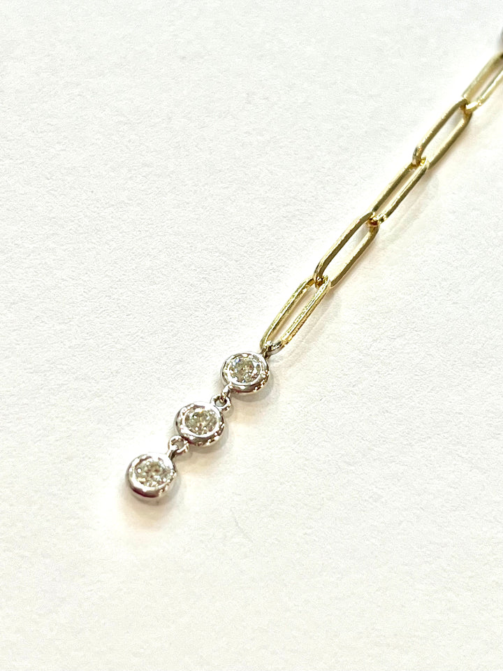 14K GOLD PAPERCLIP CHAIN LINK DIAMONDS LARIAT NECKLACE