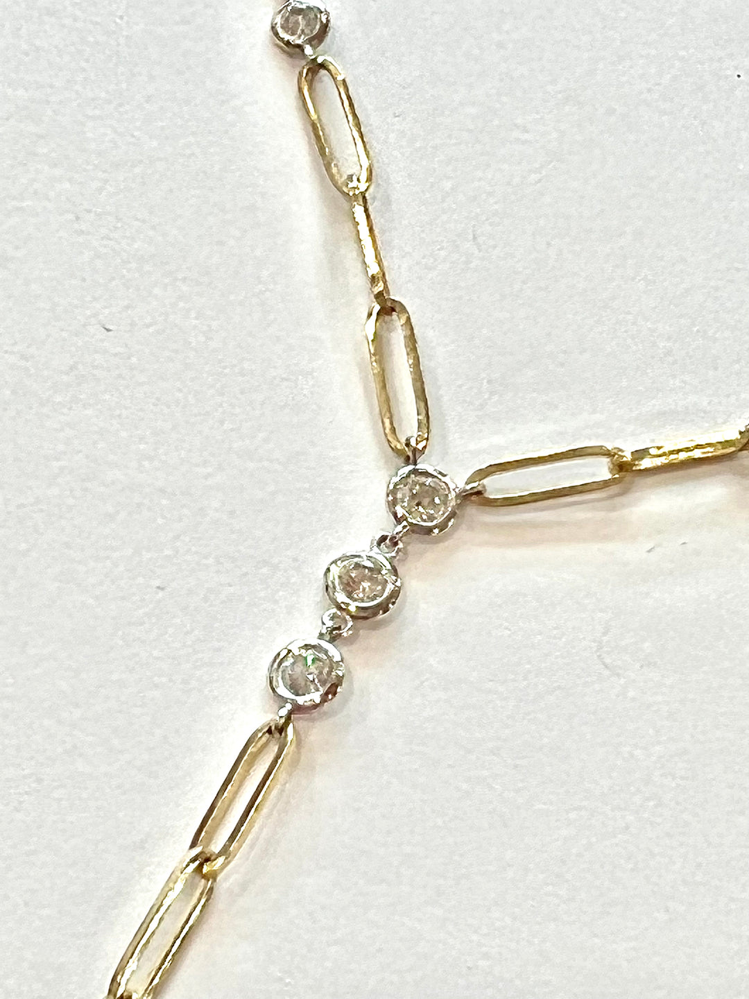 14K GOLD PAPERCLIP CHAIN LINK DIAMONDS LARIAT NECKLACE