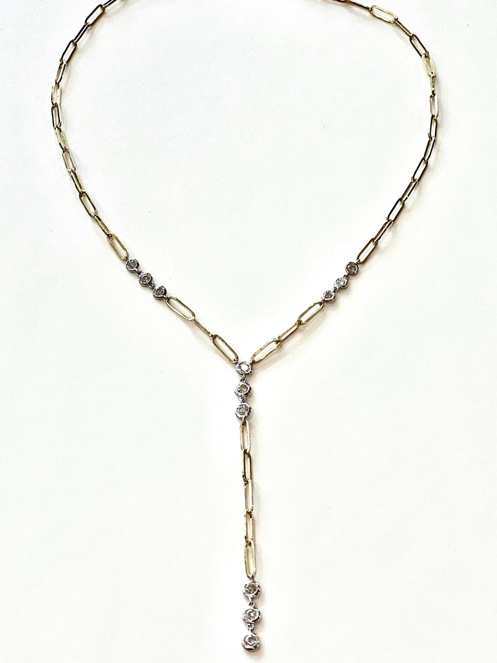 14K GOLD PAPERCLIP CHAIN LINK DIAMONDS LARIAT NECKLACE