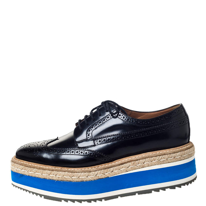 PRADA Black Brogue Leather Derby Espadrille Platform Sneakers