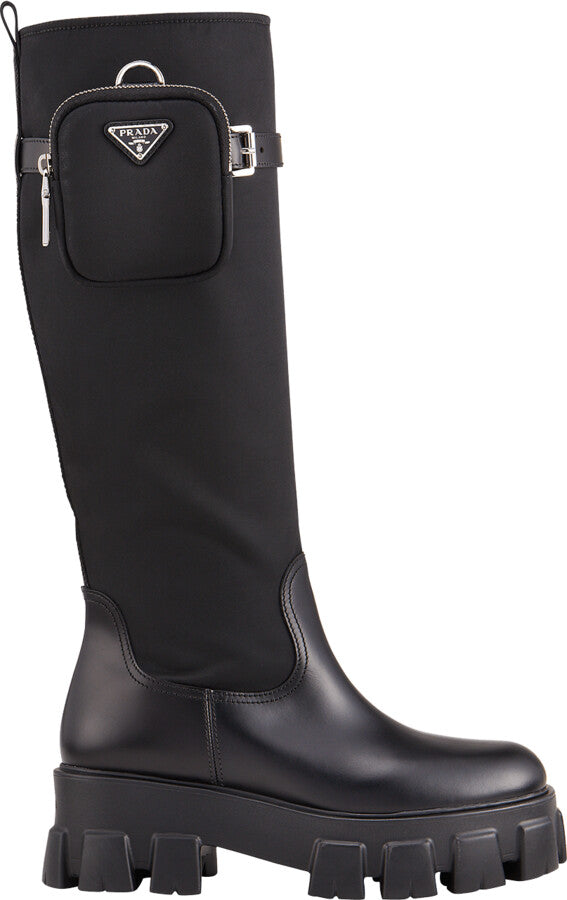 PRADA NYLON ZIP POCKET PLATFORM RIDING BOOTS