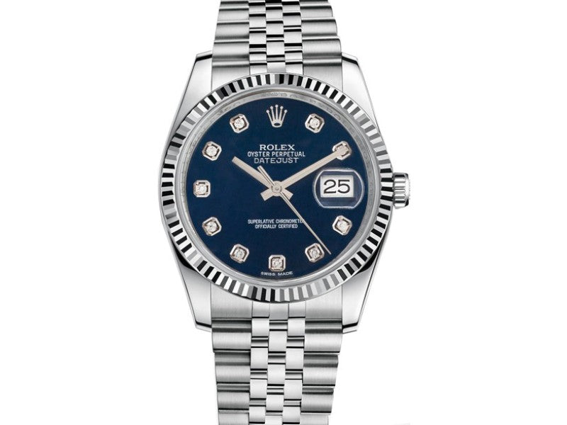 ROLEX NEW STYLE DATEJUST STAINLESS STEEL FLUTED BEZEL BLUE DIAMONDS DIAL ON JUBILEE BRACELET