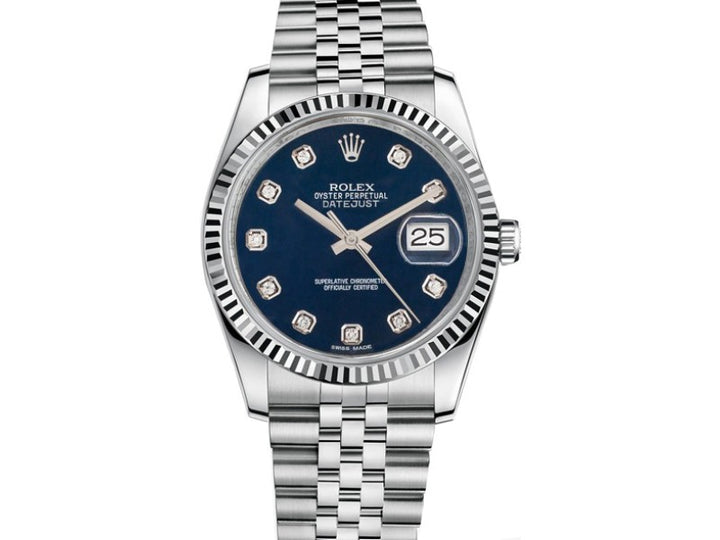 ROLEX NEW STYLE DATEJUST STAINLESS STEEL FLUTED BEZEL BLUE DIAMONDS DIAL ON JUBILEE BRACELET
