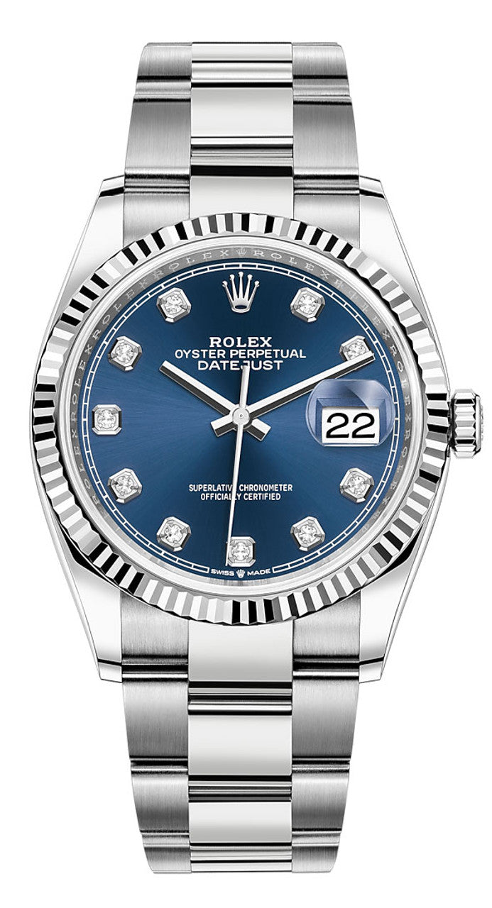 ROLEX NEW STYLE DATEJUST STAINLESS STEEL FLUTED BEZEL BLUE DIAMONDS DIAL ON JUBILEE BRACELET