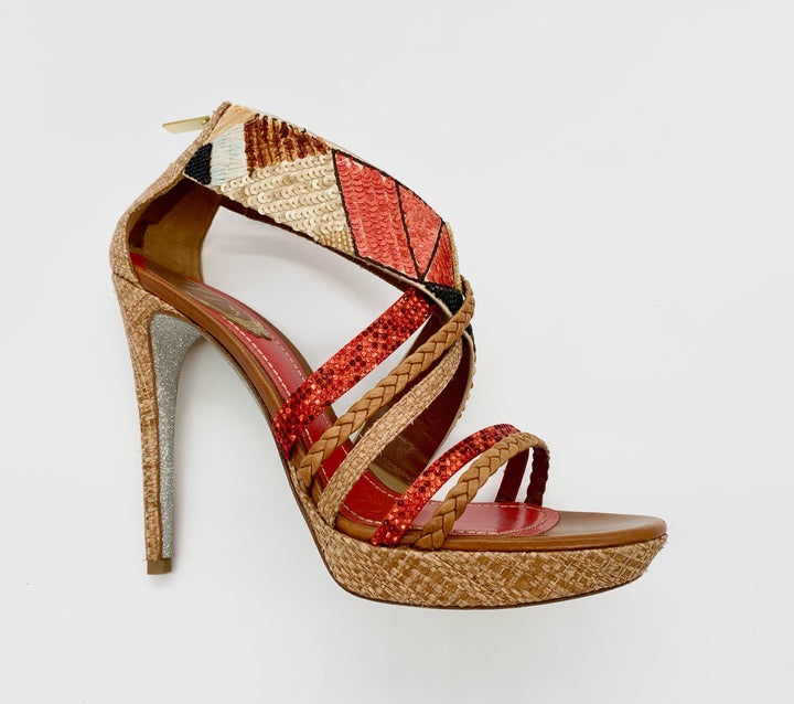 RENÉ CAOVILLA BRAIDED STRAP RHINESTONE SEQUIN HEELS