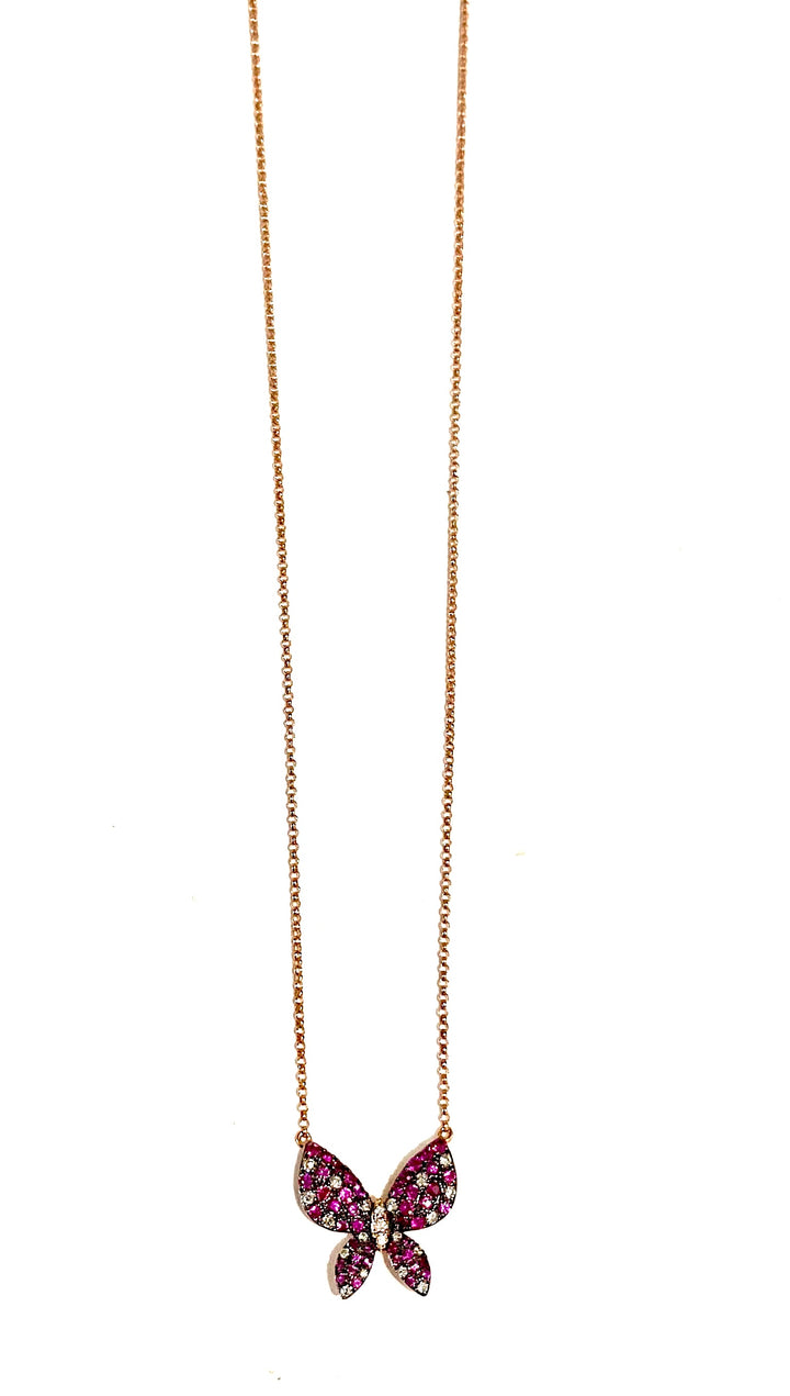 14K ROSE GOLD RUBIES &amp; DIAMOND BUTTERFLY NECKLACE