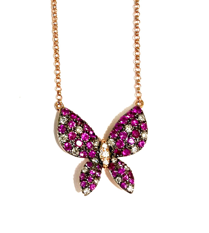 14K ROSE GOLD RUBIES &amp; DIAMOND BUTTERFLY NECKLACE