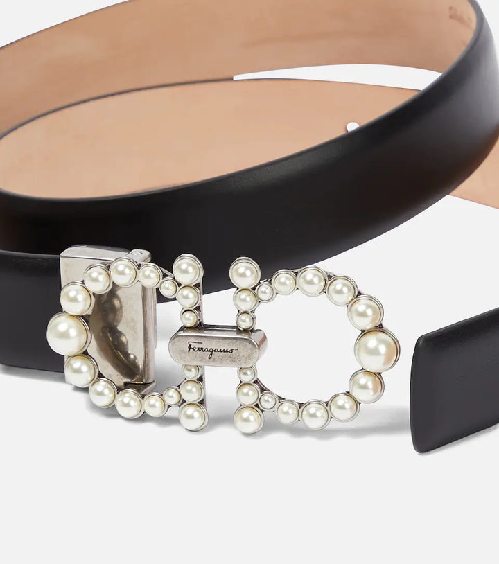 SALVATORE FERRAGAMO FAUX PEARL GANCINI BUCKLE LEATHER BELT