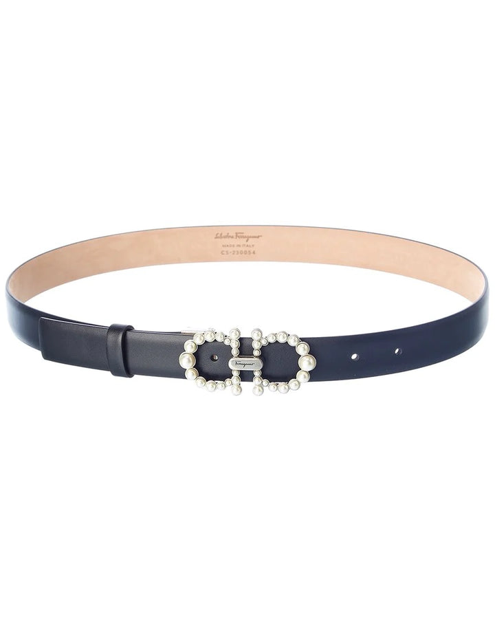 SALVATORE FERRAGAMO FAUX PEARL GANCINI BUCKLE LEATHER BELT