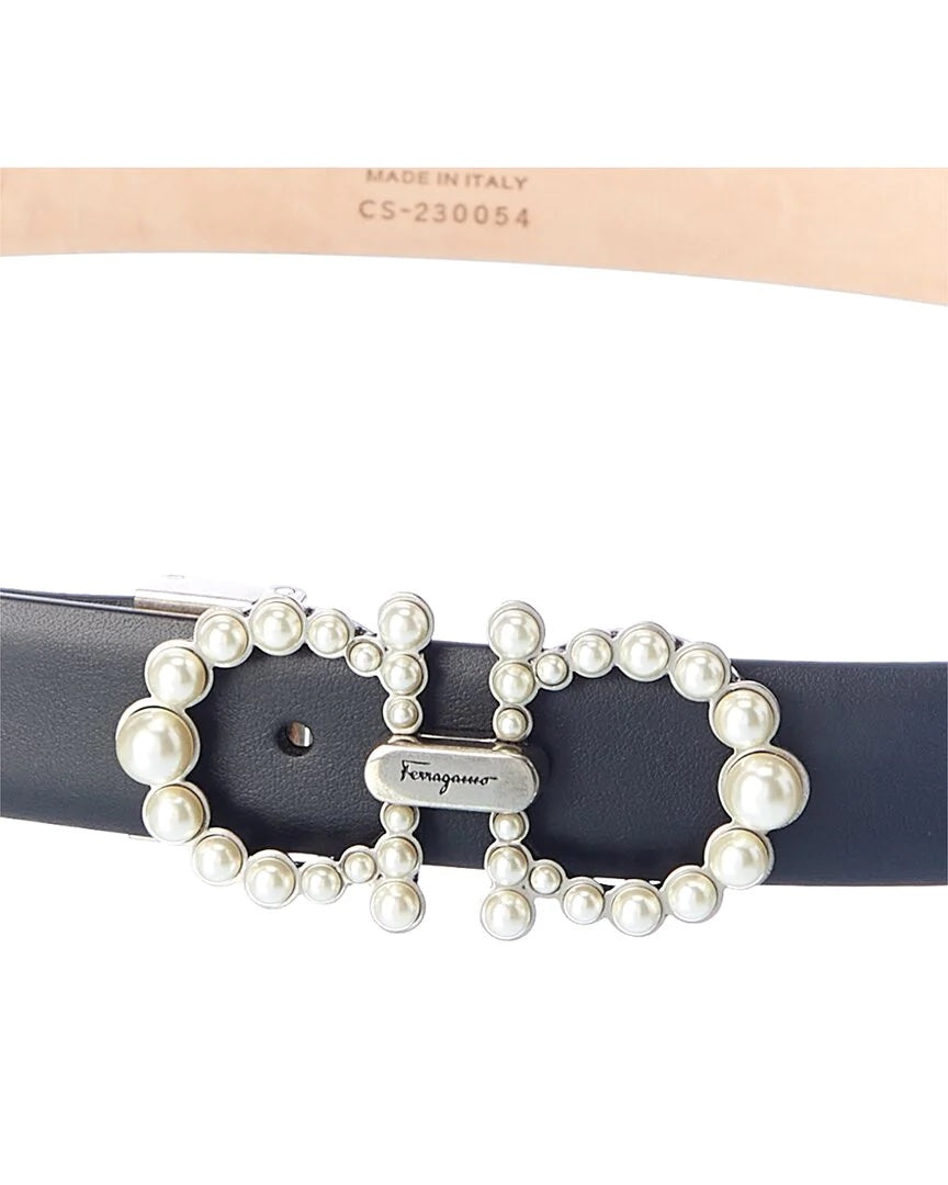 SALVATORE FERRAGAMO FAUX PEARL GANCINI BUCKLE LEATHER BELT