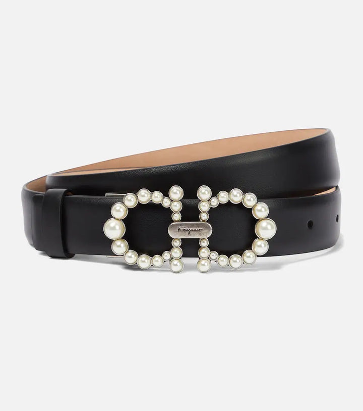 SALVATORE FERRAGAMO FAUX PEARL GANCINI BUCKLE LEATHER BELT