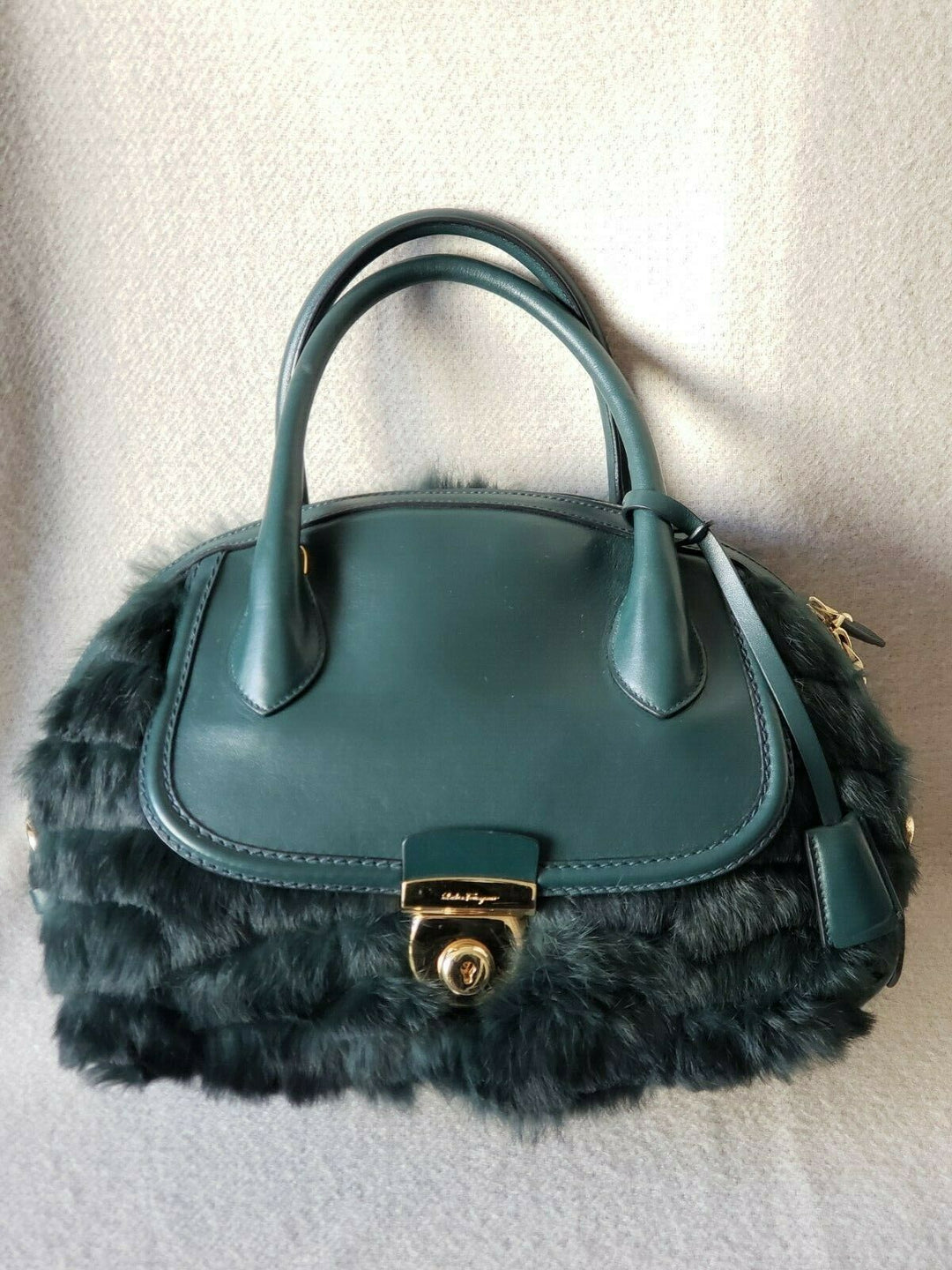 SALVATORE FERRAGAMO FIAMMA GREEN RABBIT FUR SATCHEL