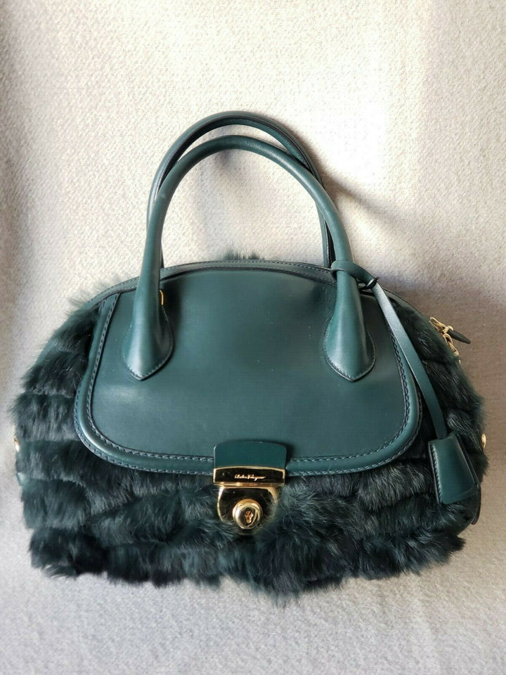SALVATORE FERRAGAMO FIAMMA GREEN RABBIT FUR SATCHEL