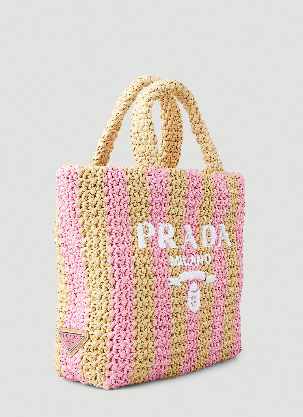 PRADA Raffia Striped Small Logo Tote Tan Petal Pink 1295892