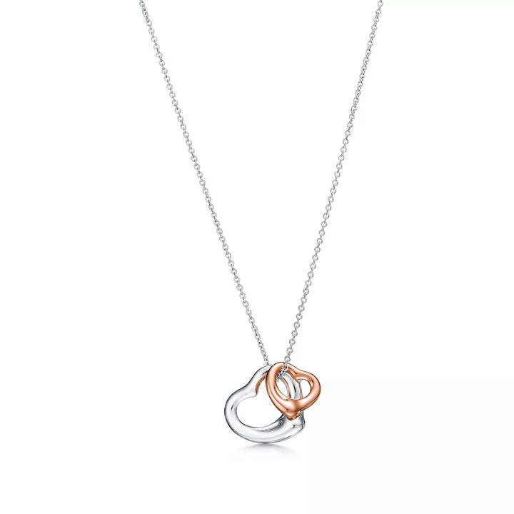 TIFFANY &amp; CO. DOUBLE OPEN HEART SILVER &amp; 18K ROSE GOLD Elsa Peretti® NECKLACE