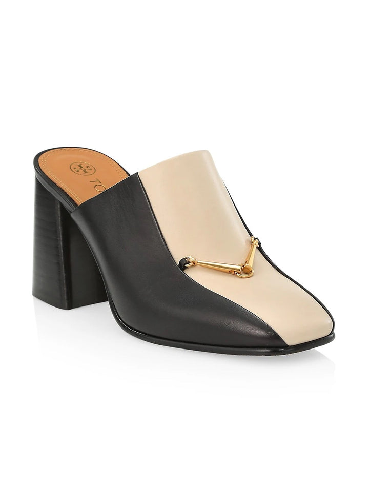 TORY BURCH EQUESTRIAN LINK SQUARE TOE COLORBLOCK LEATHER MULES