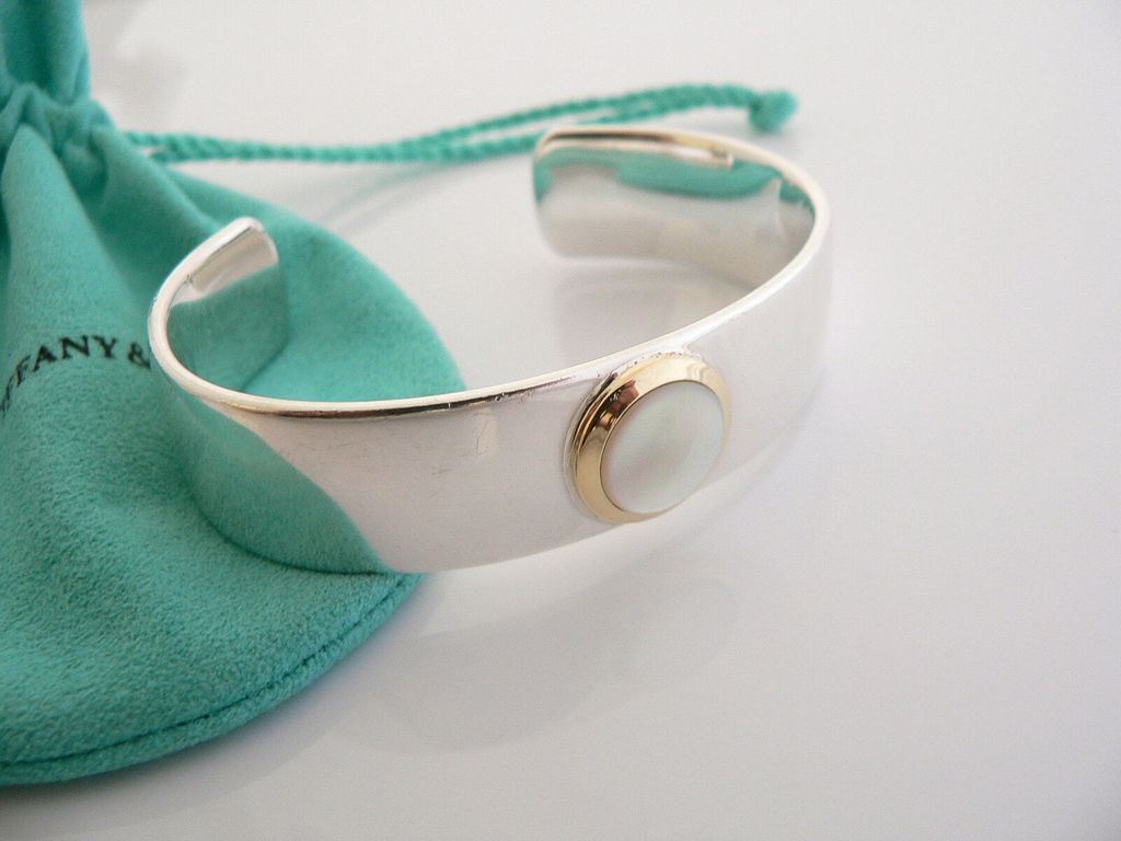 TIFFANY &amp; CO Mother of Pearl Silver &amp; Gold Cuff Bangle Bracelet