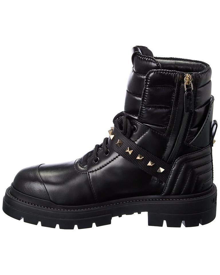 VALENTINO GARAVANI CALFSKIN NYLON ROCKSTUD QUILTED WATERPROOF COMBAT BOOTS