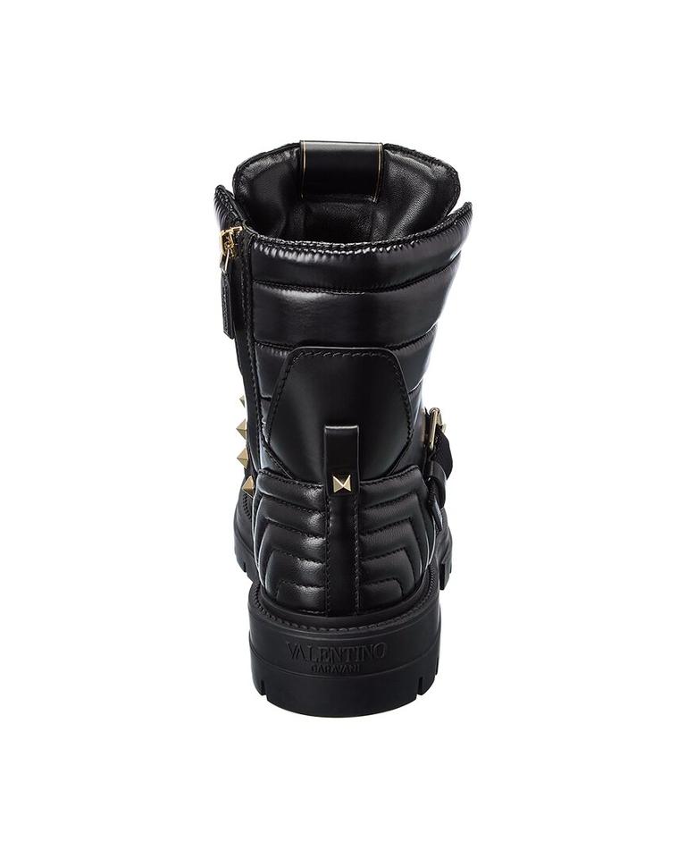 VALENTINO GARAVANI CALFSKIN NYLON ROCKSTUD QUILTED WATERPROOF COMBAT BOOTS