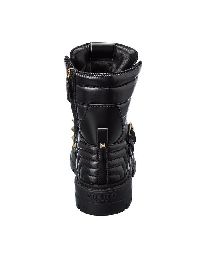 VALENTINO GARAVANI CALFSKIN NYLON ROCKSTUD QUILTED WATERPROOF COMBAT BOOTS