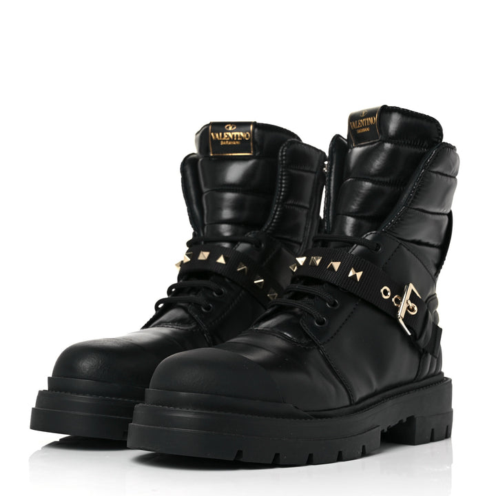 VALENTINO GARAVANI CALFSKIN NYLON ROCKSTUD QUILTED WATERPROOF COMBAT BOOTS