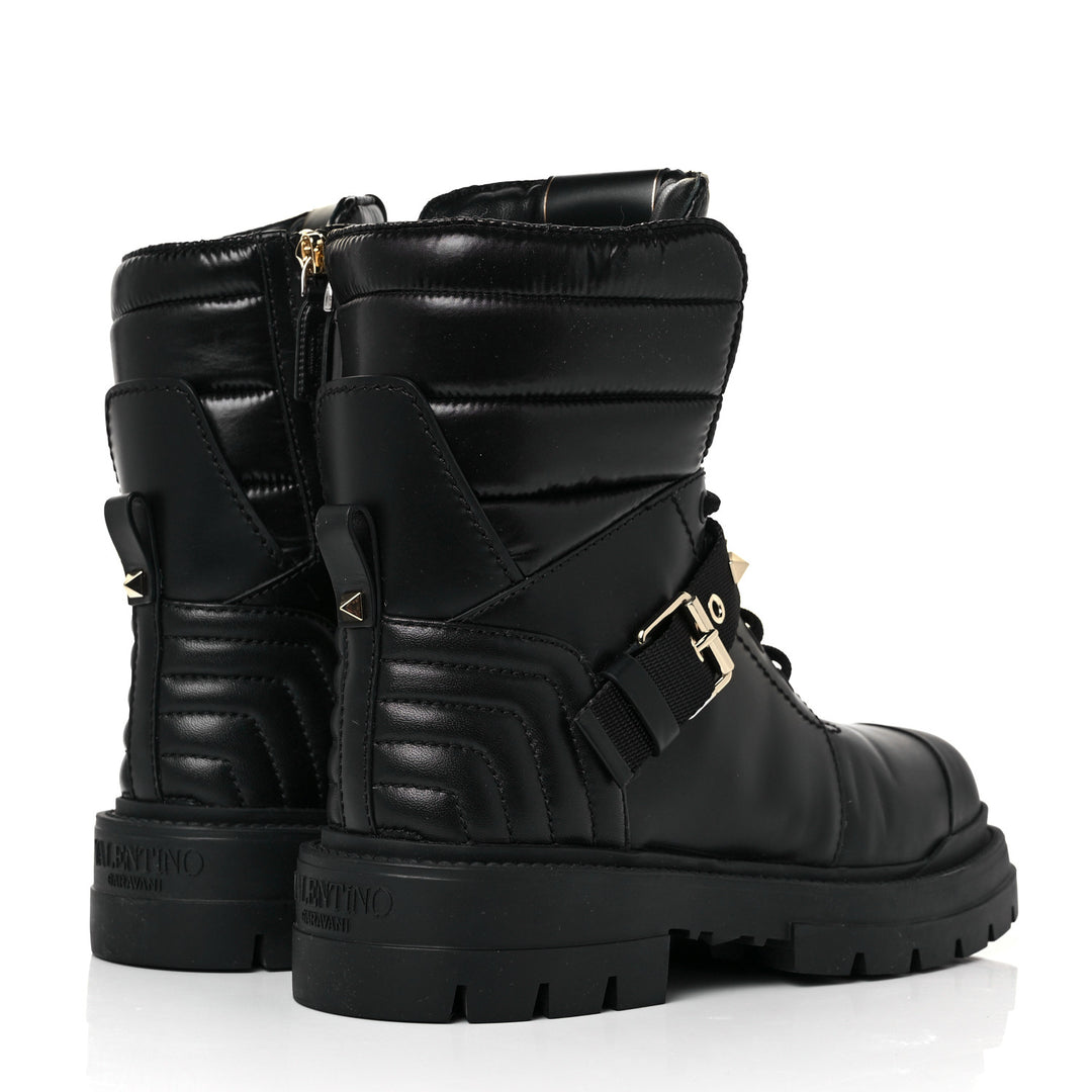 VALENTINO GARAVANI CALFSKIN NYLON ROCKSTUD QUILTED WATERPROOF COMBAT BOOTS