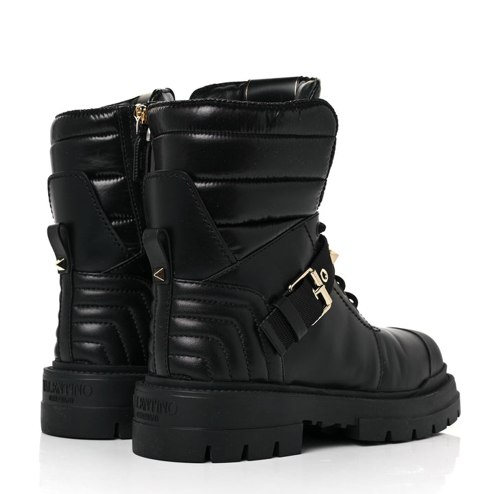 VALENTINO GARAVANI CALFSKIN NYLON ROCKSTUD QUILTED WATERPROOF COMBAT BOOTS