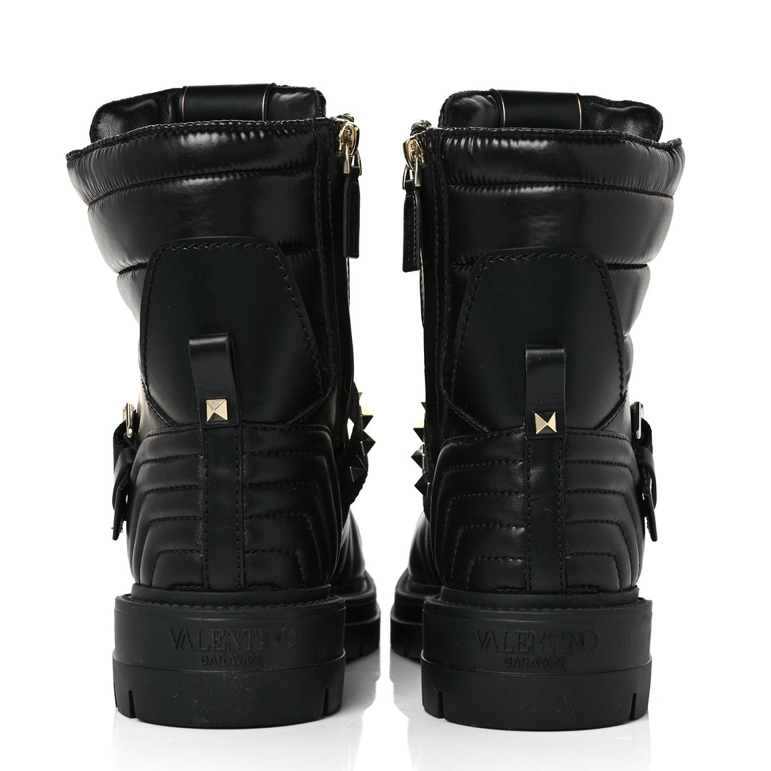 VALENTINO GARAVANI CALFSKIN NYLON ROCKSTUD QUILTED WATERPROOF COMBAT BOOTS