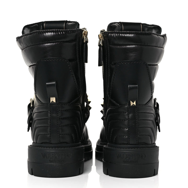 VALENTINO GARAVANI CALFSKIN NYLON ROCKSTUD QUILTED WATERPROOF COMBAT BOOTS