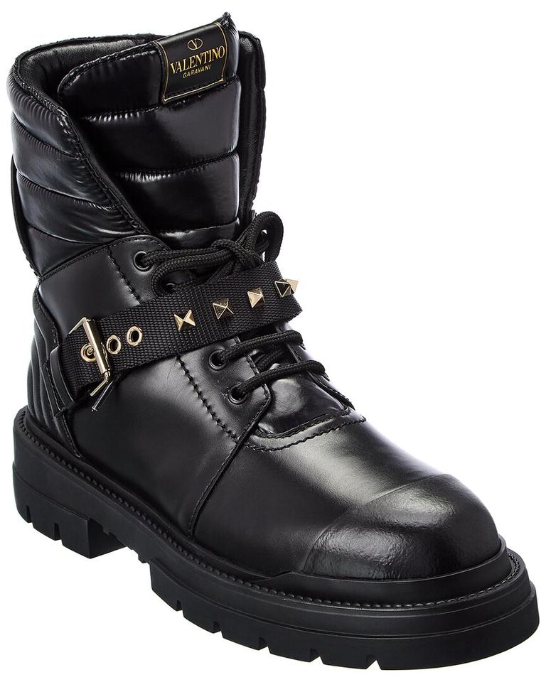 VALENTINO GARAVANI CALFSKIN NYLON ROCKSTUD QUILTED WATERPROOF COMBAT BOOTS