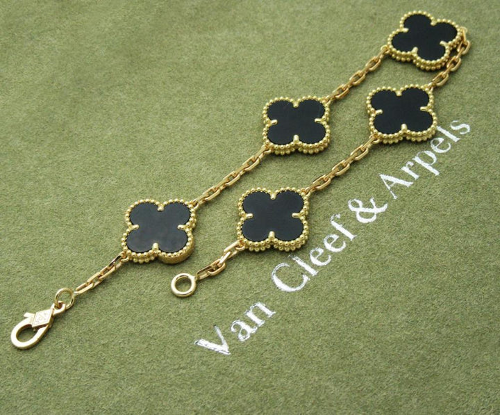 Van Cleef &amp; Arpels Alhambra 18K Yellow Gold Black Onyx 5 Motifs Vintage Alhambra Bracelet