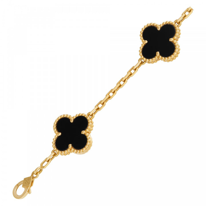 Van Cleef &amp; Arpels Alhambra 18K Yellow Gold Black Onyx 5 Motifs Vintage Alhambra Bracelet