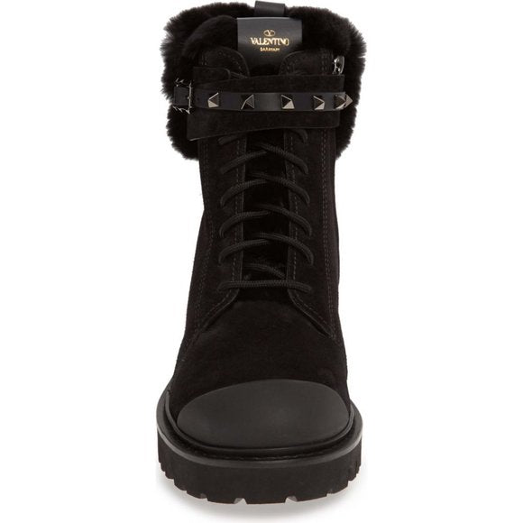VALENTINO GARAVANI ROCKSTUD CAP TOE BOOTS WITH GENUINE RABBIT FUR TRIM