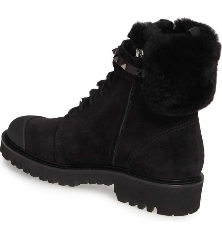 VALENTINO GARAVANI ROCKSTUD CAP TOE BOOTS WITH GENUINE RABBIT FUR TRIM