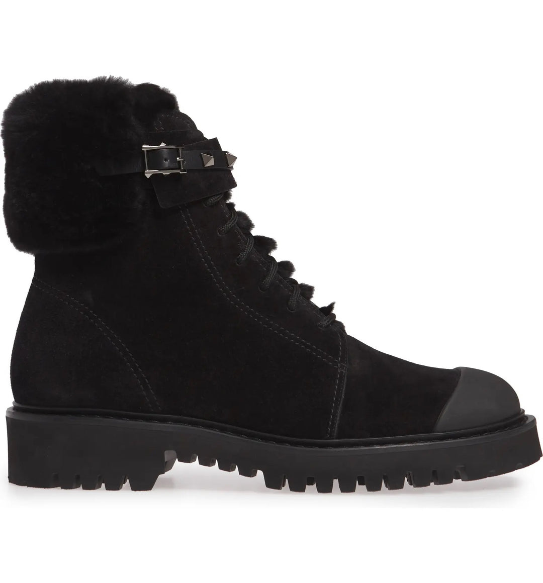VALENTINO GARAVANI ROCKSTUD CAP TOE BOOTS WITH GENUINE RABBIT FUR TRIM