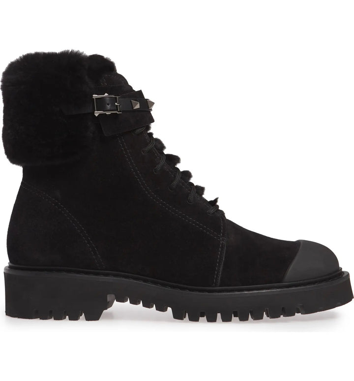 VALENTINO GARAVANI ROCKSTUD CAP TOE BOOTS WITH GENUINE RABBIT FUR TRIM