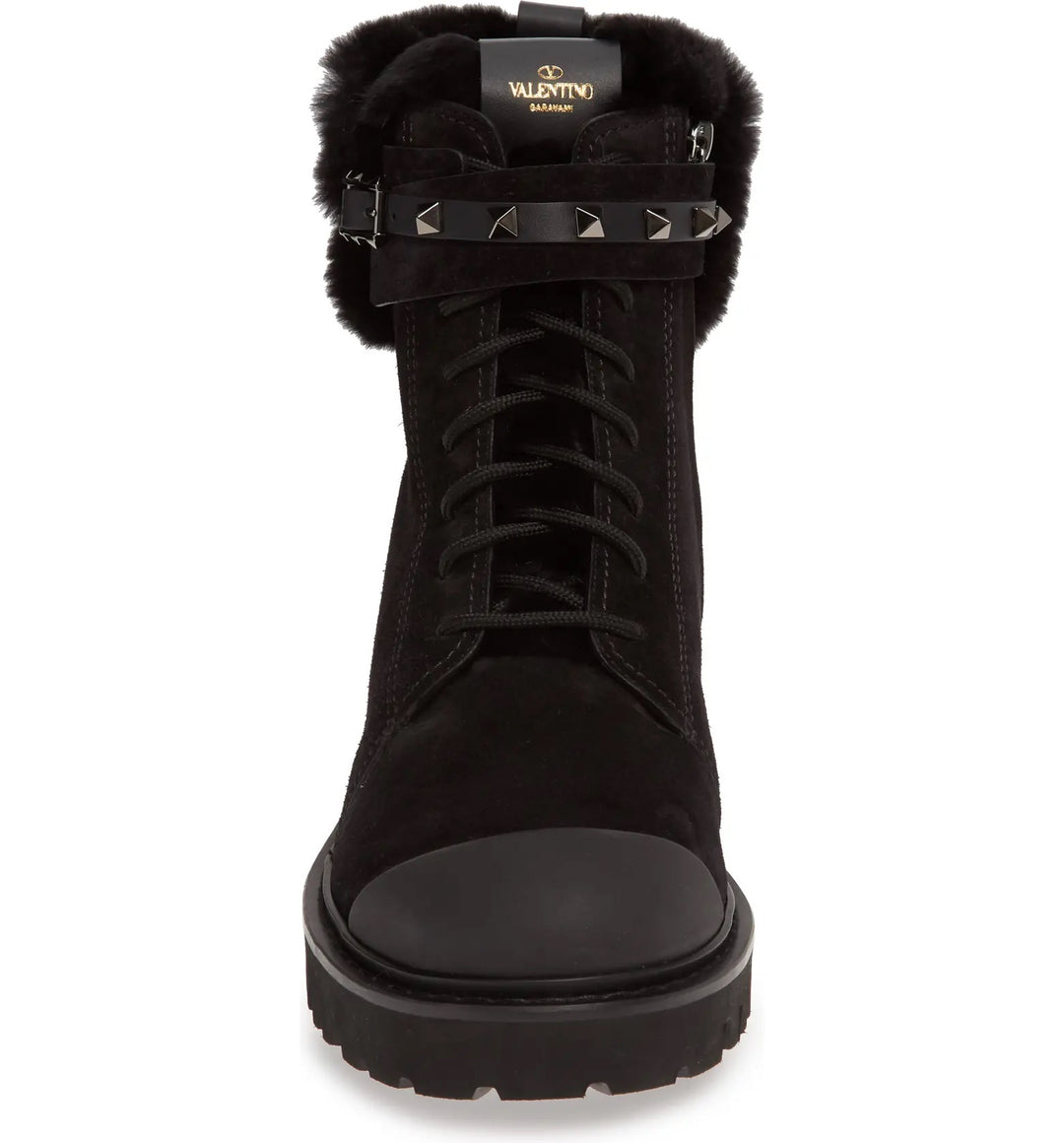 VALENTINO GARAVANI ROCKSTUD CAP TOE BOOTS WITH GENUINE RABBIT FUR TRIM