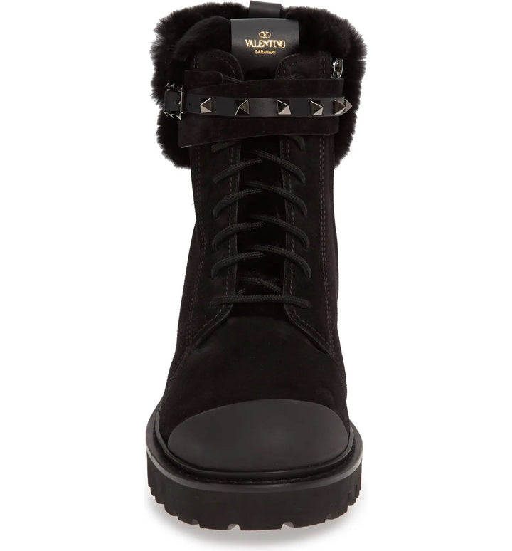 VALENTINO GARAVANI ROCKSTUD CAP TOE BOOTS WITH GENUINE RABBIT FUR TRIM