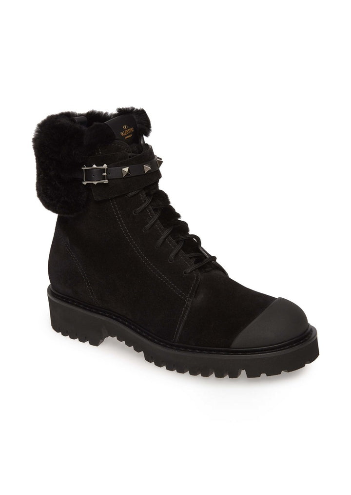 VALENTINO GARAVANI ROCKSTUD CAP TOE BOOTS WITH GENUINE RABBIT FUR TRIM