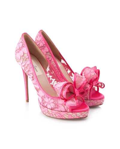 Valentino Garavani Lace Bow Peep Toe Pumps