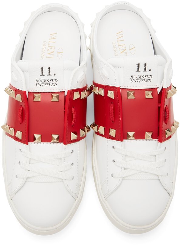 Valentino Garavani White &amp; Red  Rockstud Untitled Slip-On Sneakers