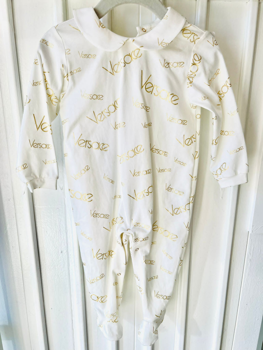 VERSACE WHITE GOLD LOGO BABY ONESIE