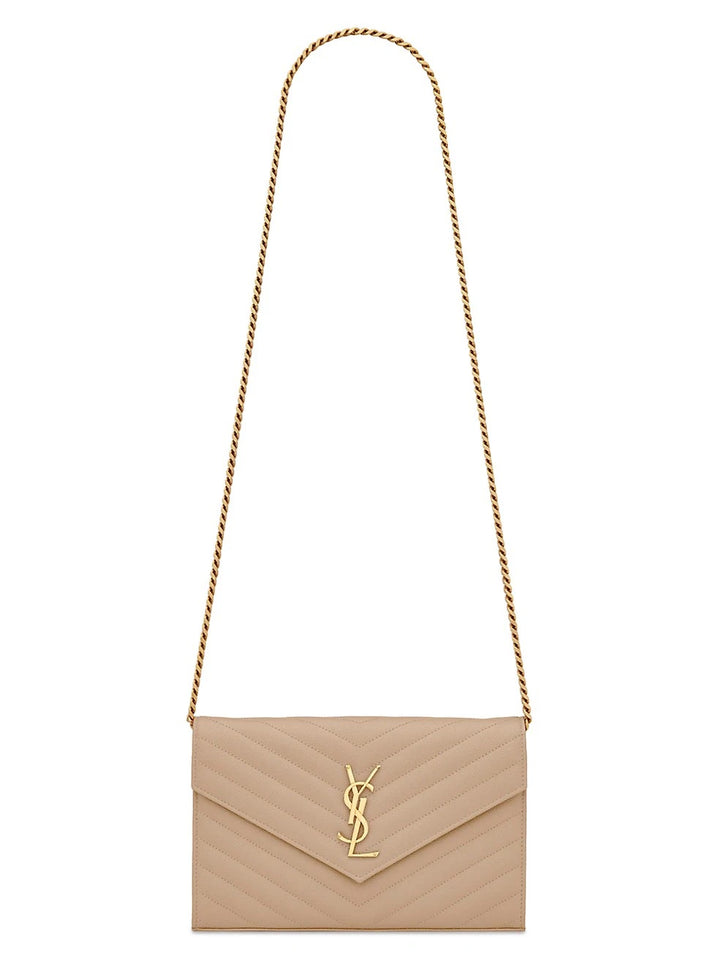 YSL CASSANDRE MATELASSÉ CHAIN WALLET IN GRAIN DE POUDRE EMBOSSED LEATHER
