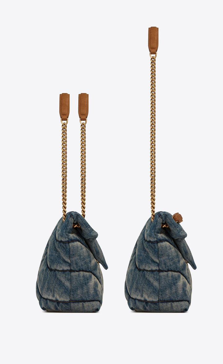 YSL PUFFER MEDIUM CHAIN BAG QUILTED VINTAGE DENIM &amp; SUEDE