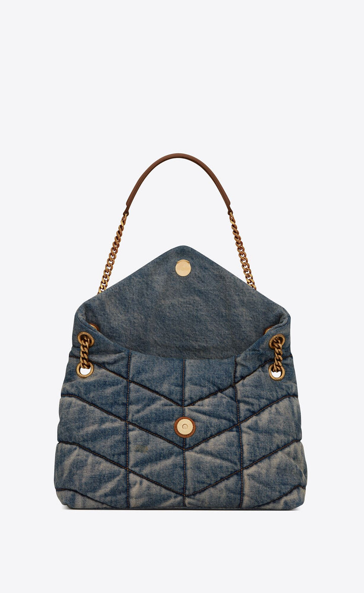 YSL PUFFER MEDIUM CHAIN BAG QUILTED VINTAGE DENIM &amp; SUEDE