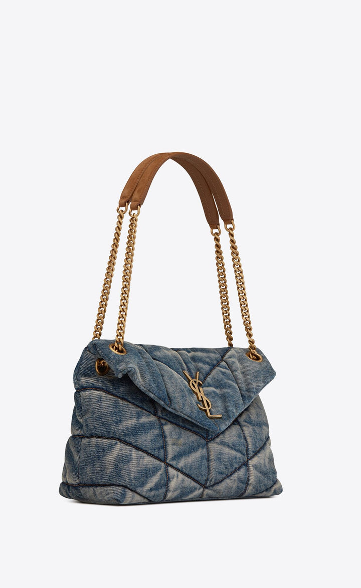 YSL PUFFER MEDIUM CHAIN BAG QUILTED VINTAGE DENIM &amp; SUEDE